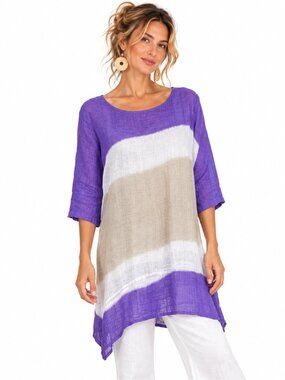 Haris Cotton Greece Linen Gauze Tunic Top‎ S Purple 3/4 Sleeve Relaxed Coastal